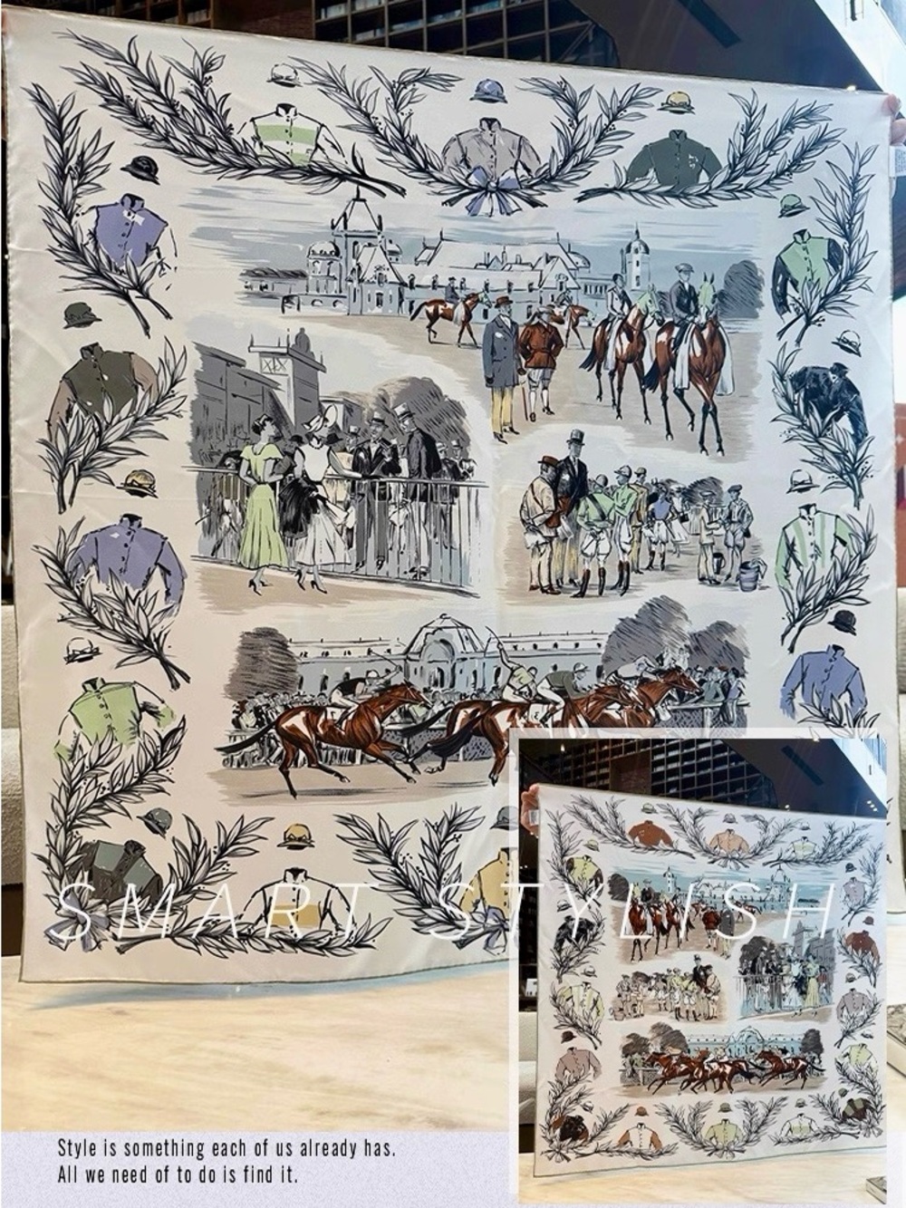 Equestrian Print Silk-Feel Scarf in Cream, Brown & Green. 100%silk.  90 X90cm